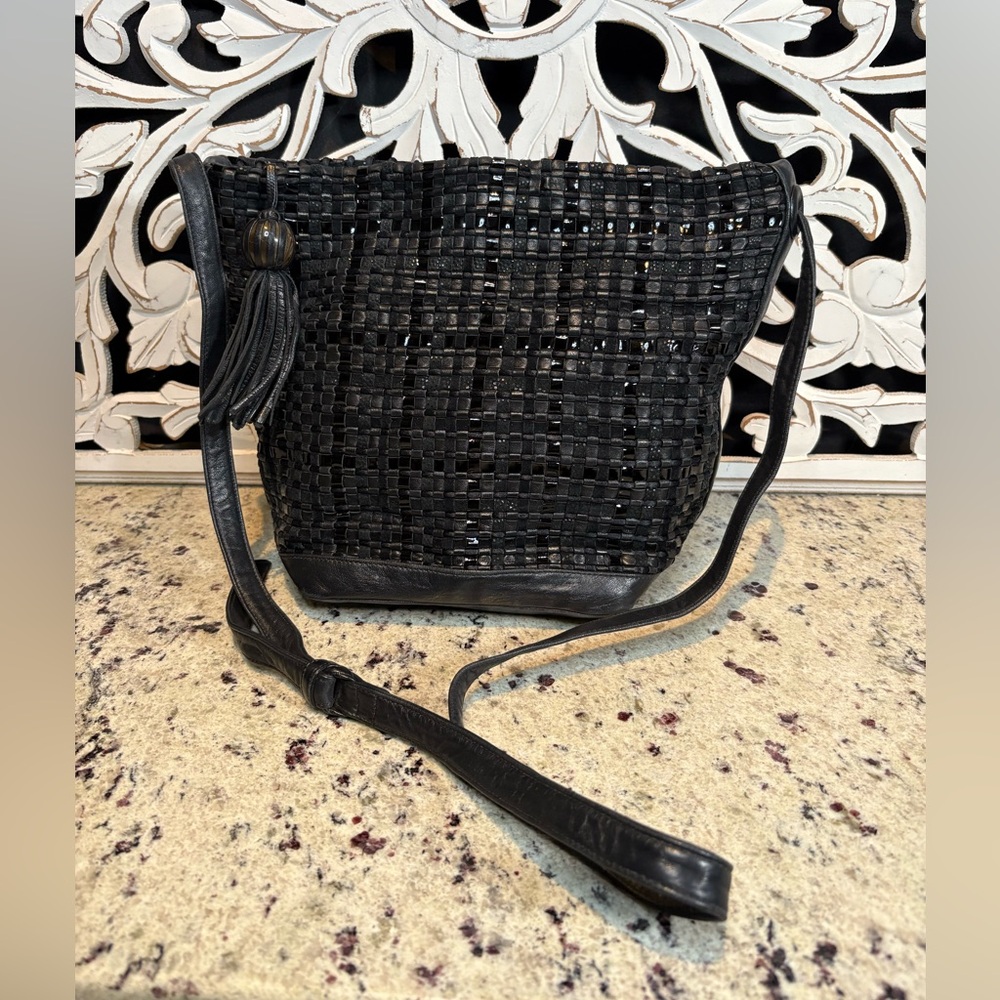 Sharif Vintage Woven Leather Hobo Shoulder Crossbody Bag Black